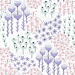 Stof per meter Pastel Vector naadloze patroon achtergrond met pastel hand getekende bloemen. Snoepkleuren Suikerspin, Lila, Zeeglas. Perfect voor textiel, stof, behang, grafische kunst, drukwerk enz.