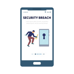 Computer security breach onboarding mobile app page, flat vector illustration.
