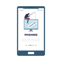 Hacker phishing password, computer fraud vector banner for cyber security alert on smartphone. Flat illustration.