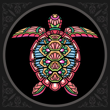 Colorful sea turtle zentangle arts, isolated on black background