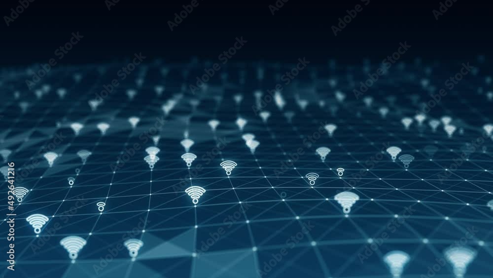Poster motion graphic of blue futuristic wifi icon and line linked network connection abstract background c