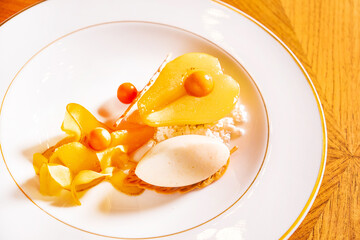 pear dessert with vanilla sorbet