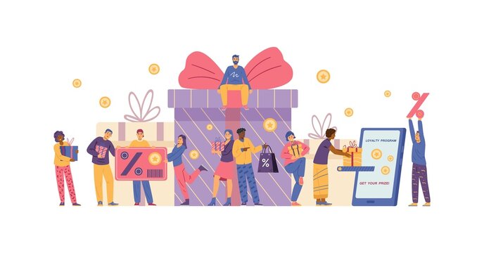 Reward program vector banner or border. Black and white people stand around huge gift box, shopping with loyalty card.