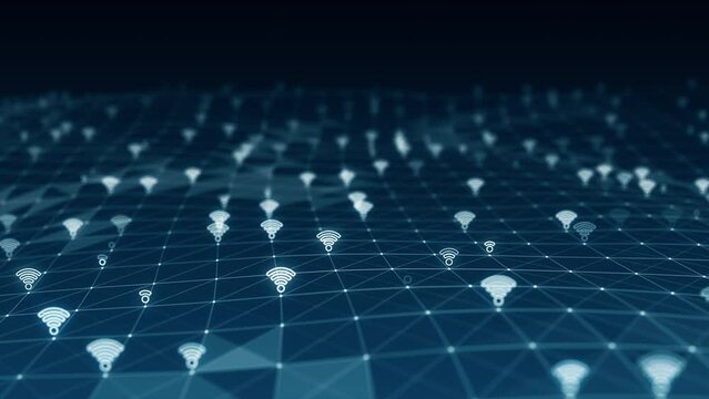 Motion graphic of Blue futuristic wifi icon and line linked network connection abstract background concept seamless loop video