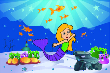Obraz na płótnie Canvas Mermaid underwater with goldfish, stars, water bubbles vector illustration.