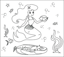 (Mermaid Coloring Page: 33) Cute mermaid with goldfishes, green grass, water bubbles on background, vector black and white coloring page.