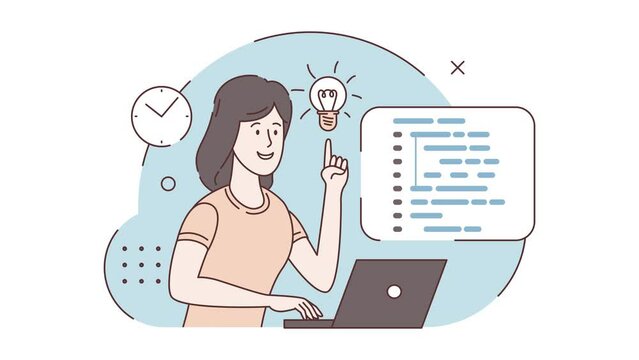 Girl, woman programmer. Workplace of the programmer. A programming language. Concept of script coding, programming. Programmer working on web development on computer. Software developers. 2d animation