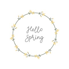 Hello Spring lettering. Vector hand drawn illustration with spring color flowers. For greeting card, poster, banner.