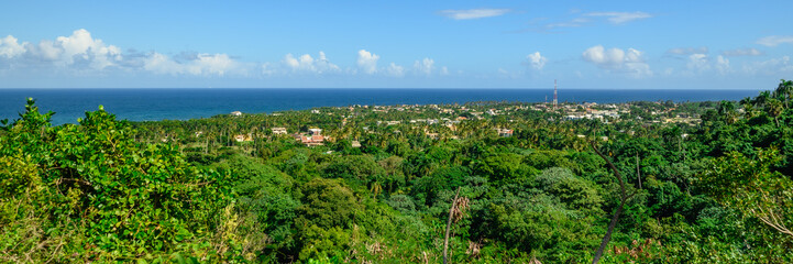 Naklejka na ściany i meble Photo mountain to tropical city of Dominican Republic, palm trees and ocean.