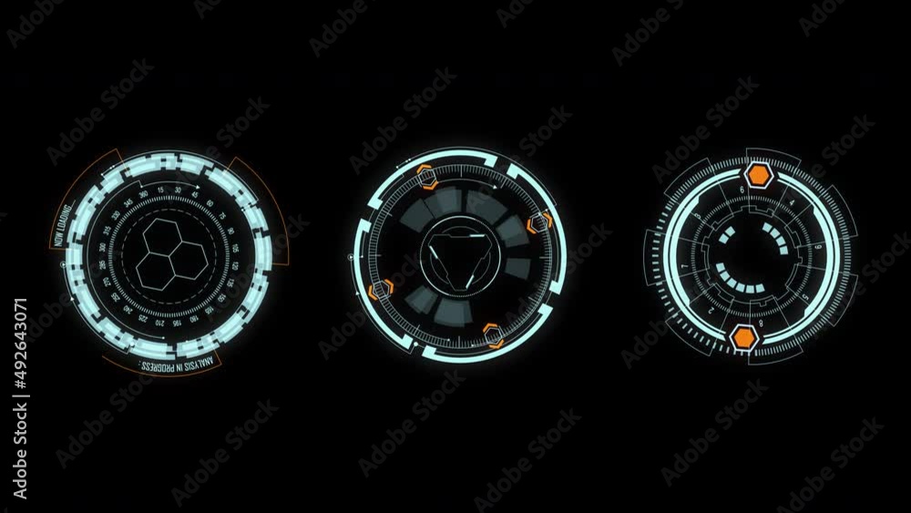 Poster motion graphic of blue circle rotation with head up display ( hud ui ) technology interface and futu