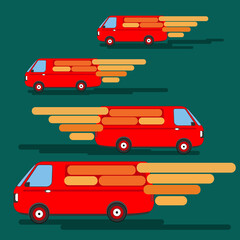 Four red transport cars are driving fast to fulfill orders.  On a green background. For website design, store design, banner creation, print design concept. Vector illustration.