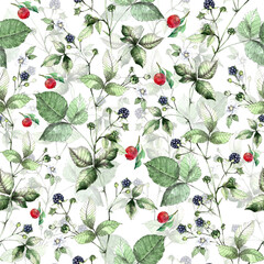 Watercolor  blooming flowers blackberry with berry on white background. Seamless pattern  with floral composition for decorations textiles and papers.