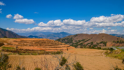 Terracing slope for agriculture in highlands, beautiful mountains.