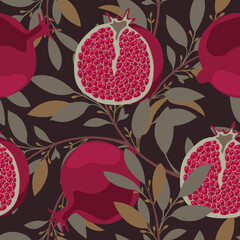 Art floral vector seamless pattern. Pomegranate tree with maroon fruits and leaves. 