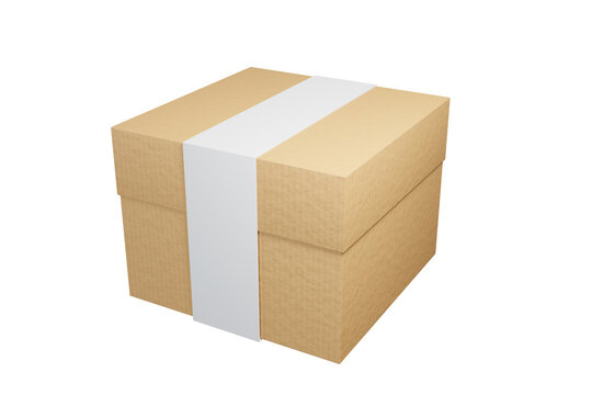 Closed brown cardboard box with white label. Concept for brand. Mockup template carton box on white background. Rectangle format. 3d rendering illustration.