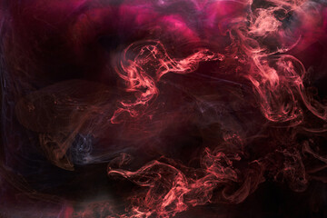 Black and red ink background, colorful fog, abstract swirling ocean, acrylic paint pigment...