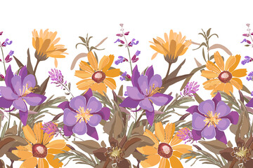 Vector floral seamless pattern, border. Horizontal panoramic illustration with yellow and purple meadow flowers.