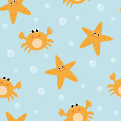 Cute seamless pattern with crab and starfish. Vector illustration. It can be used for wallpapers, cards, wrapping, patterns for clothes and other.