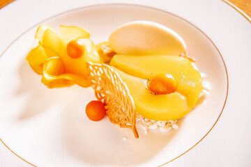 pear dessert with vanilla sorbet
