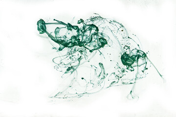 Green smoke on white ink background, colorful fog, abstract swirling emerald ocean sea, acrylic...