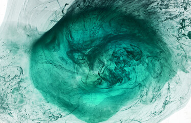 Green smoke on white ink background, colorful fog, abstract swirling emerald ocean sea, acrylic...