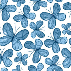 Watercolor seamless pattern with light blue Butterflies on a white background. Butterfly wallpaper. Cute design for print, textile, wrapping paper