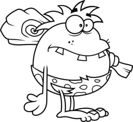 Outlined Toothy Caveman Cartoon Character With Club On His Shoulder. Vector Hand Drawn Illustration Isolated On White Background