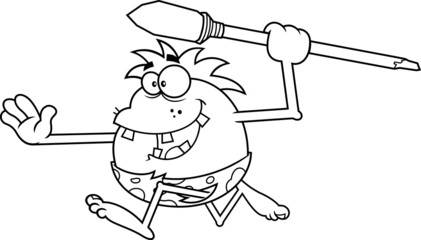 Fototapeta premium Outlined Happy Caveman Cartoon Character Hunting With A Spear. Vector Hand Drawn Illustration Isolated On White Background