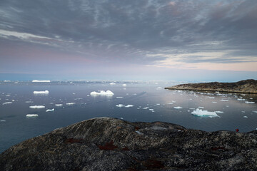 grandes bloques de hielo flotando sobre el mar, icebergs en el polo norte.