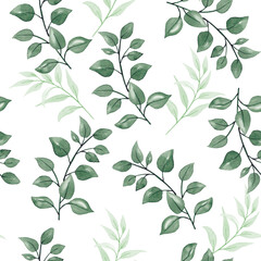 Seamless watercolor floral pattern - green leaves, branches composition, perfect for wrappers, wallpapers, postcards, greeting cards, wedding invitations, romantic events.