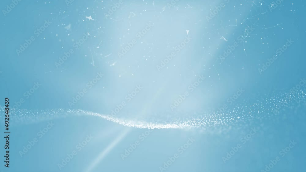 Poster loop features animated technology based shapes, connected white lines and blurry dots on a bright bl