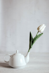 Teapot with tea and flower, spring still life.
