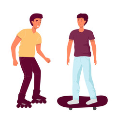 set of characters actively resting. Man rollerblading and boy riding a skateboard Cartoon flat character design isolated .Leisure, recreational activity and sport spare time concept