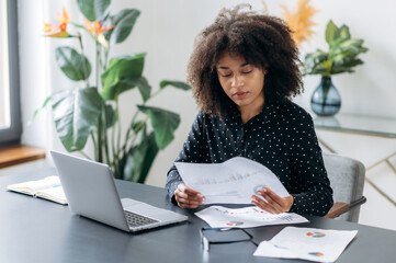 Focused dark-skinned woman, freelancer, manager, company director, sits in the office at a laptop,...