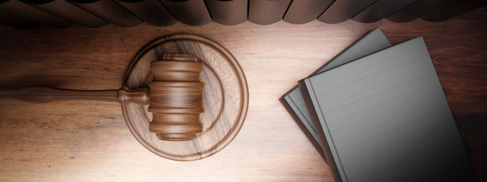 Law, lawyer office, legal books and judge gavel on wooden desk. Court table overhead. 3d render