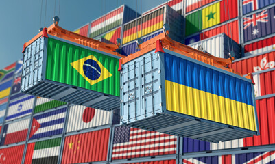 Cargo containers with Brazil and Ukraine national flags. 3D Rendering 