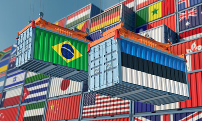 Cargo containers with Brazil and Estonia national flags. 3D Rendering 