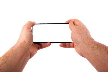 Two hands holding smartphone on white background