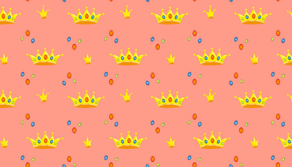 Vector illustration pattern with crowns and precious stones on a peach background