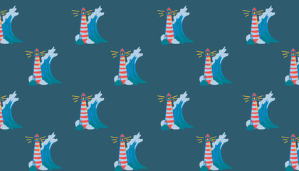 Vector illustration pattern with lighthouses and waves on a dark background