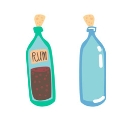 Vector illustration set with glass bottles with rum and corks