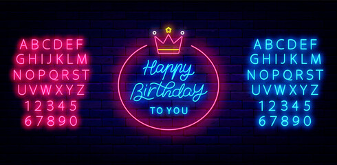 Birthday neon badge with crown. Shiny sign with lettering. Glowing blue and pink alphabet. Vector stock illustration