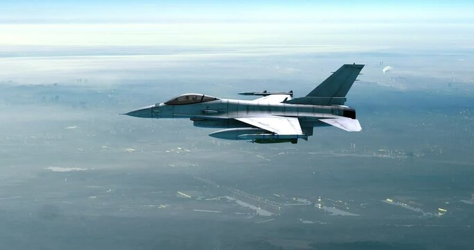 Military Fighter Jet Flying Over The City. High Above The Clouds. War And Air Force Related 4K Motion.