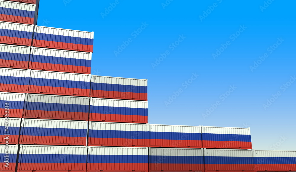 Poster containers with flag of russia represent declining trend. economic or export crisis concept. 3d rend