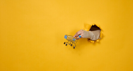 female hand holds a miniature shopping cart on a yellow background, a part of the body sticks out...