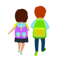 Backs of school kids with colorful backpacks moving in the street. Vector illustration.