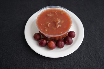 Gourmet enjoys vitamin-rich, healthy camu camu jam. Made from fresh Amazonian fruits (Myrciaria dubia), family Myrtaceae. 