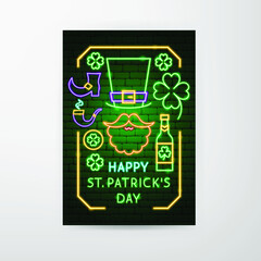 Happy Saint Patrick Day Neon Flyer. Vector Illustration of 17 March Promotion.
