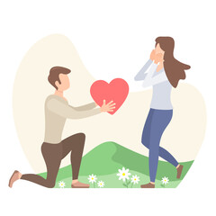 Young Man giving heart to woman vector flat modern illustration