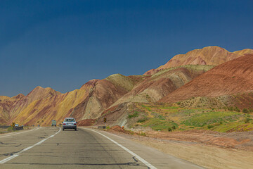Freeway through colorful rainbow Aladaglar mountains in Eastern Azerbaijan, Iran